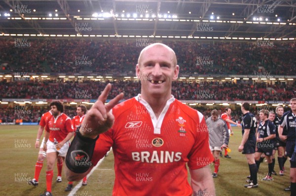 12.02.06  Wales v Scotland  Gareth Thomas celebrates his two tries.  