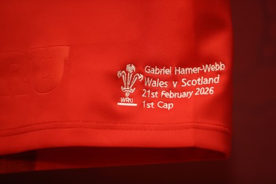 210226 - Wales v Scotland - Guinness Six Nations Championship - Gabriel Hamer-Webb of Wales jersey in the dressing room before the game