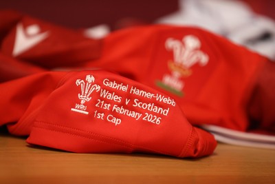 210226 - Wales v Scotland - Guinness Six Nations Championship - Gabriel Hamer-Webb of Wales jersey in the dressing room before the game