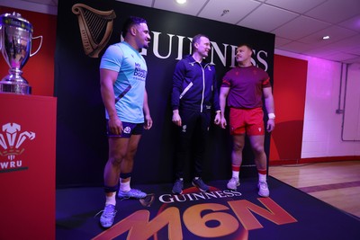 210226 - Wales v Scotland - Guinness Six Nations Championship - Captains Sione Tuipulotu of Scotland and Dewi Lake of Wales during the coin toss