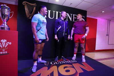 210226 - Wales v Scotland - Guinness Six Nations Championship - Captains Sione Tuipulotu of Scotland and Dewi Lake of Wales during the coin toss