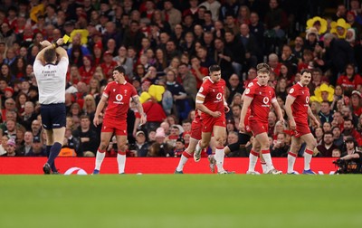 210226 - Wales v Scotland - Guinness Six Nations Championship - Joe Hawkins of Wales is given a yellow card under review from Referee Matthew Carley 