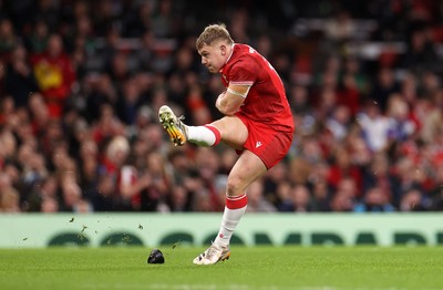 210226 - Wales v Scotland - Guinness Six Nations Championship - Sam Costelow of Wales kicks the conversion
