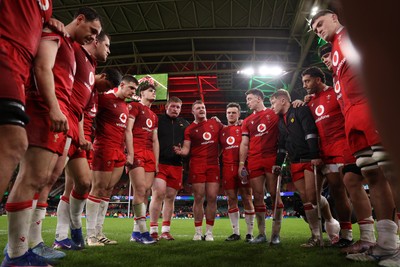 210226 - Wales v Scotland - Guinness Six Nations Championship - Dewi Lake of Wales speaks in the team huddle at full time