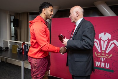 210226 - Wales v Scotland - Guinness Six Nations Championship - Gabriel Hamer-Webb of Wales receives his first cap from WRU president Terry Cobner
