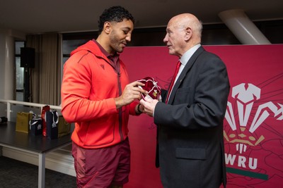 210226 - Wales v Scotland - Guinness Six Nations Championship - Gabriel Hamer-Webb of Wales receives his first cap from WRU president Terry Cobner
