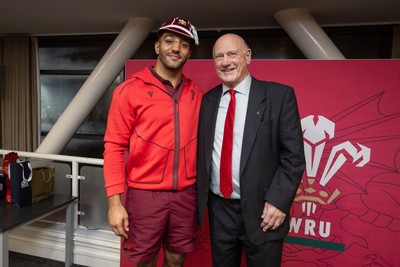 210226 - Wales v Scotland - Guinness Six Nations Championship - Gabriel Hamer-Webb of Wales receives his first cap from WRU president Terry Cobner