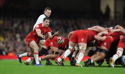 210226 - Wales v Scotland, 2026 Guinness Six Nations - Tomos Williams of Wales feeds the ball out
