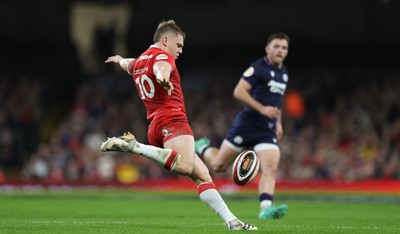 210226 - Wales v Scotland, 2026 Guinness Six Nations - Sam Costelow of Wales kicks clear
