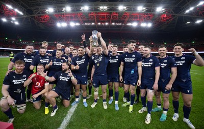 210226 - Wales v Scotland, 2026 Guinness Six Nations - Scotland lift the Doddie Weir Cup at the end of the match