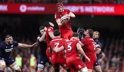 210226 - Wales v Scotland, 2026 Guinness Six Nations - James Botham of Wales takes the line out
