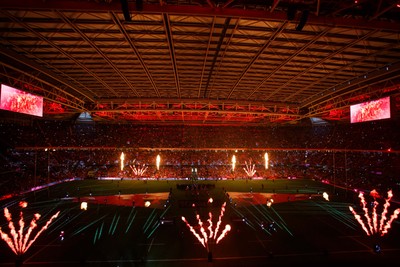210226 - Wales v Scotland - Guinness Six Nations - Pre-match light show and pyrotechnics as the teams run out