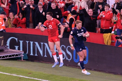 210226 - Wales v Scotland - Guinness Six Nations - Josh Adams of Wales celebrates after scoring a try