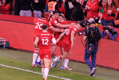 210226 - Wales v Scotland - Guinness Six Nations - Josh Adams of Wales celebrates after scoring a try