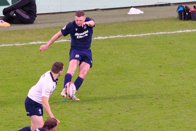 210226 - Wales v Scotland - Guinness Six Nations - Finn Russell of Scotland kicks a penalty at the end of the match