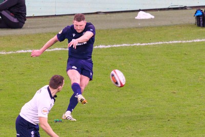 210226 - Wales v Scotland - Guinness Six Nations - Finn Russell of Scotland kicks a penalty at the end of the match