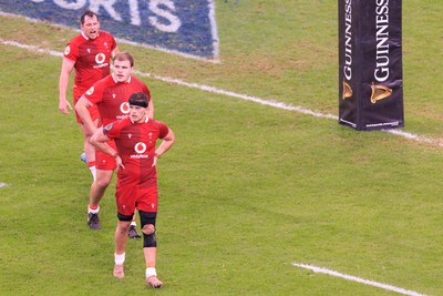 210226 - Wales v Scotland - Guinness Six Nations - Ryan Elias, Archie Griffin and Alex Mann of Wales