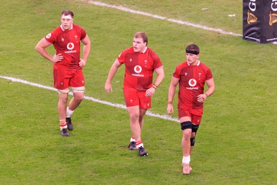 210226 - Wales v Scotland - Guinness Six Nations - Ben Carter, Archie Griffin and Alex Mann of Wales