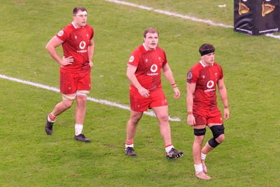 210226 - Wales v Scotland - Guinness Six Nations - Ben Carter, Archie Griffin and Alex Mann of Wales