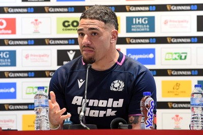 210226 - Wales v Scotland - Guinness Men's Six Nations - Sione Tuipulotu of Scotland speaks in a press conference after the match