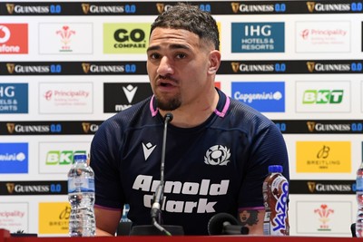 210226 - Wales v Scotland - Guinness Men's Six Nations - Sione Tuipulotu of Scotland speaks in a press conference after the match