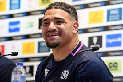 210226 - Wales v Scotland - Guinness Men's Six Nations - Sione Tuipulotu of Scotland speaks in a press conference after the match