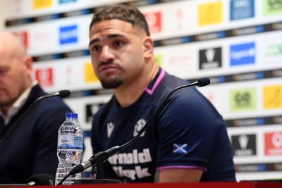 210226 - Wales v Scotland - Guinness Men's Six Nations - Sione Tuipulotu of Scotland speaks in a press conference after the match