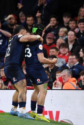 210226 - Wales v Scotland - Guinness Men's Six Nations - Darcy Graham of Scotland scores a try with team mates