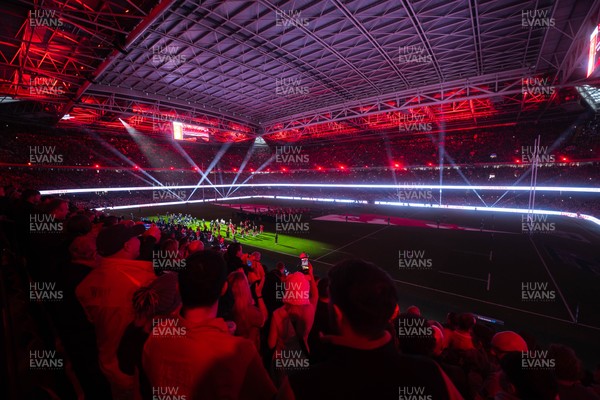 210226 - Wales v Scotland - Guinness Six Nations - General Views of the Stadium during the Anthems and pre match light show 