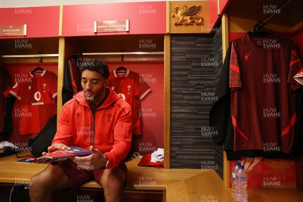 210226 - Wales v Scotland - Guinness Six Nations Championship - Gabriel Hamer-Webb of Wales in the dressing room before the game