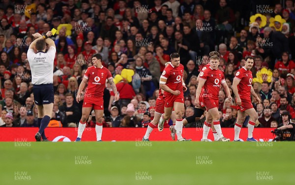 210226 - Wales v Scotland - Guinness Six Nations Championship - Joe Hawkins of Wales is given a yellow card under review from Referee Matthew Carley 
