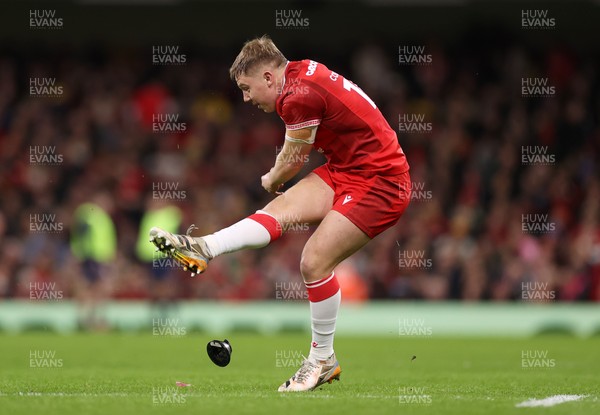 210226 - Wales v Scotland - Guinness Six Nations Championship - Sam Costelow of Wales kicks the conversion