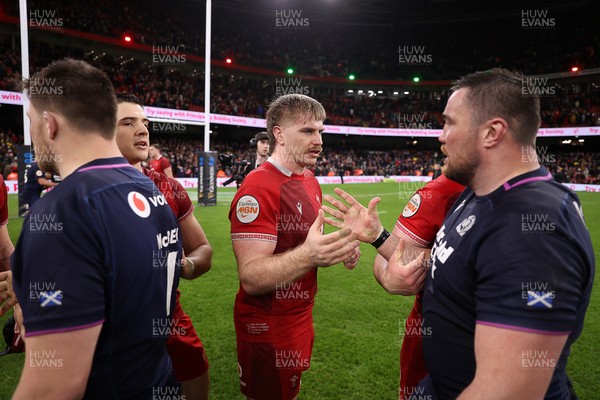 210226 - Wales v Scotland - Guinness Six Nations Championship - Aaron Wainwright of Wales shakes hands with the opposition at full time
