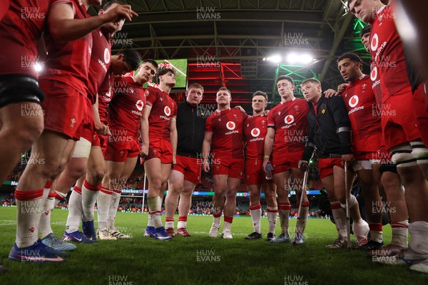 210226 - Wales v Scotland - Guinness Six Nations Championship - Dewi Lake of Wales speaks in the team huddle at full time