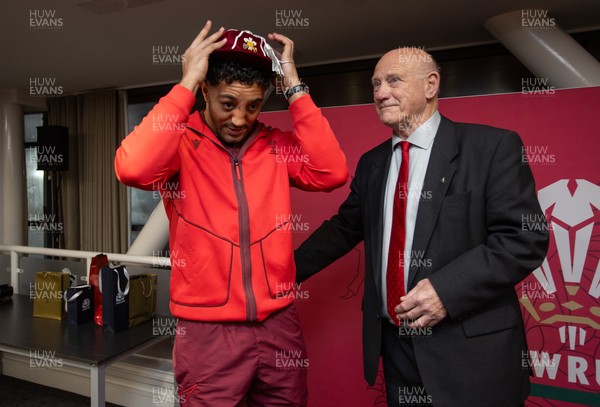 210226 - Wales v Scotland - Guinness Six Nations Championship - Gabriel Hamer-Webb of Wales receives his first cap from WRU president Terry Cobner