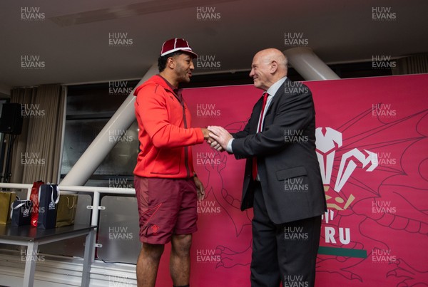 210226 - Wales v Scotland - Guinness Six Nations Championship - Gabriel Hamer-Webb of Wales receives his first cap from WRU president Terry Cobner