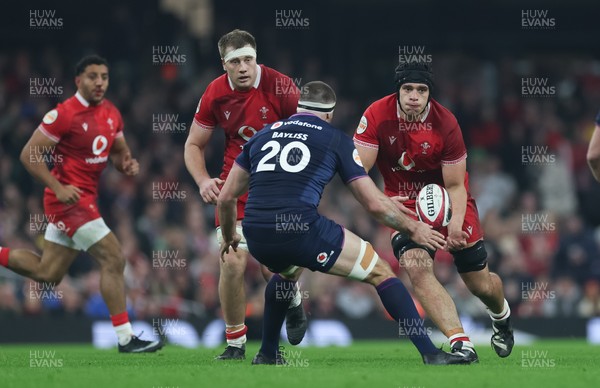 210226 - Wales v Scotland, 2026 Guinness Six Nations - Dafydd Jenkins of Wales takes on Josh Bayliss of Scotland