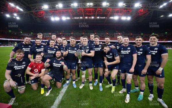 210226 - Wales v Scotland, 2026 Guinness Six Nations - Scotland lift the Doddie Weir Cup at the end of the match