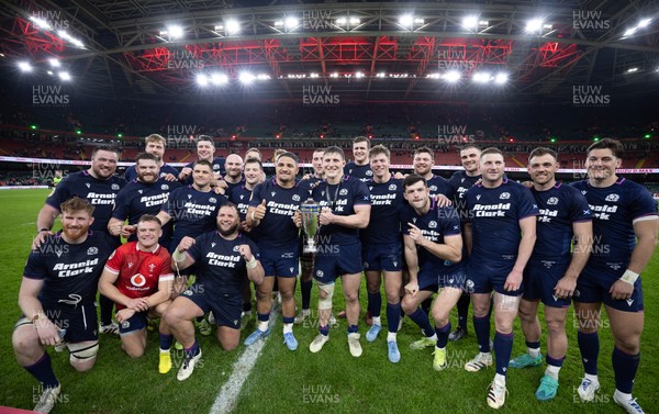 210226 - Wales v Scotland, 2026 Guinness Six Nations - Scotland lift the Doddie Weir Cup at the end of the match