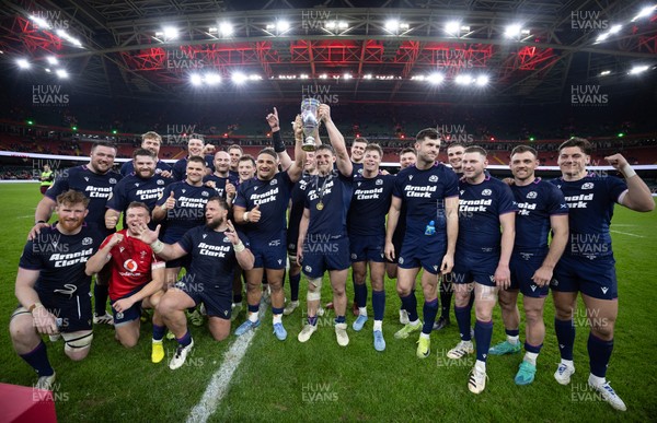 210226 - Wales v Scotland, 2026 Guinness Six Nations - Scotland lift the Doddie Weir Cup at the end of the match