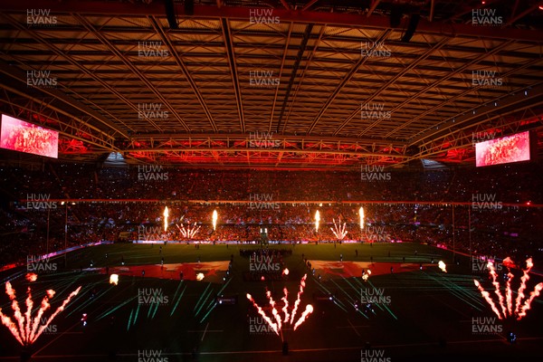 210226 - Wales v Scotland - Guinness Six Nations - Pre-match light show and pyrotechnics as the teams run out