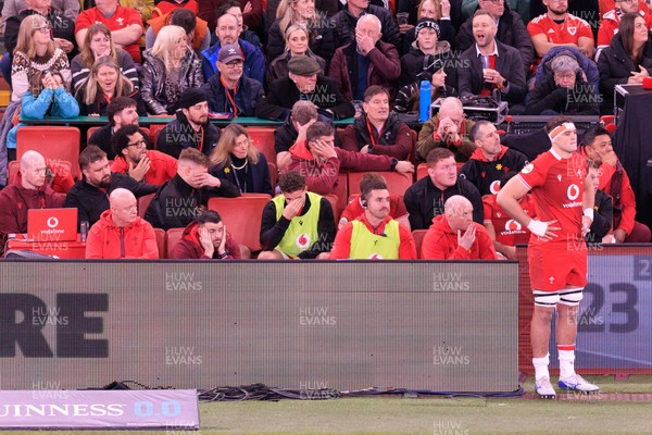 210226 - Wales v Scotland - Guinness Six Nations - The Wales bench react after Scotland score a try to take the lead for the first time in the match
