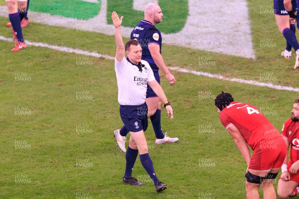 210226 - Wales v Scotland - Guinness Six Nations - Referee Matthew Carley awards a penalty to Wales
