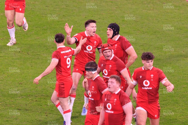 210226 - Wales v Scotland - Guinness Six Nations - Josh Adams of Wales encourages his team mates