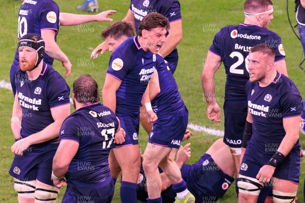 210226 - Wales v Scotland - Guinness Six Nations - Tom Jordan of Scotland reacts after George Turner scores the winning try for Scotland