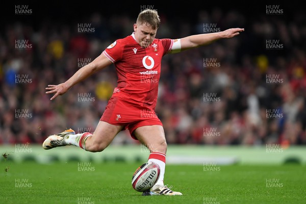 210226 - Wales v Scotland - Guinness Men's Six Nations - Sam Costelow of Wales kicks the conversion