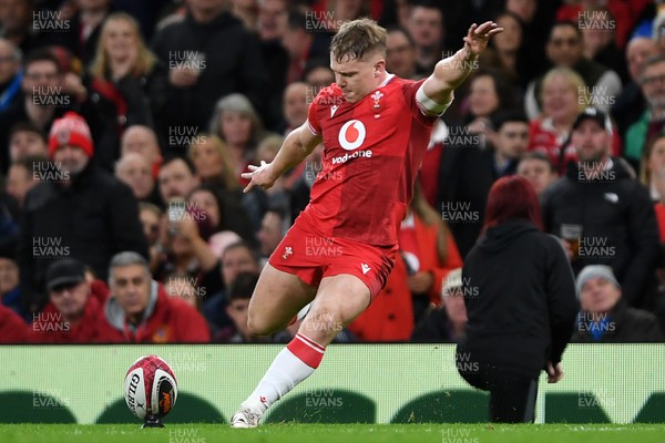 210226 - Wales v Scotland - Guinness Men's Six Nations - Sam Costelow of Wales kicks the conversion