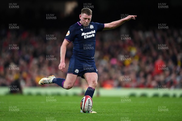 210226 - Wales v Scotland - Guinness Men's Six Nations - Finn Russell of Scotland kicks the conversion
