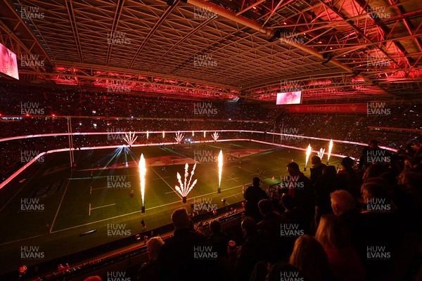 210226 - Wales v Scotland - Guinness Men's Six Nations - Light show and flames before the match
