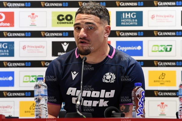 210226 - Wales v Scotland - Guinness Men's Six Nations - Sione Tuipulotu of Scotland speaks in a press conference after the match